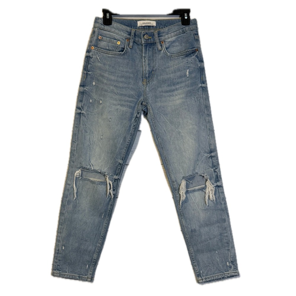 Zara Jeans Women's Size 2 Light Wash Distressed Ripped Straight Leg Denim